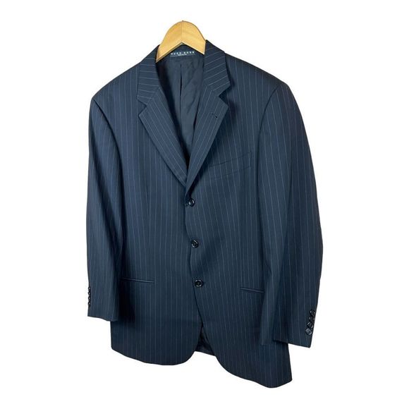 HUGO BOSS Men’s 40S Black / Purple Stripe Wool Suit Flat Front 36 x 30 - Picture 4 of 15